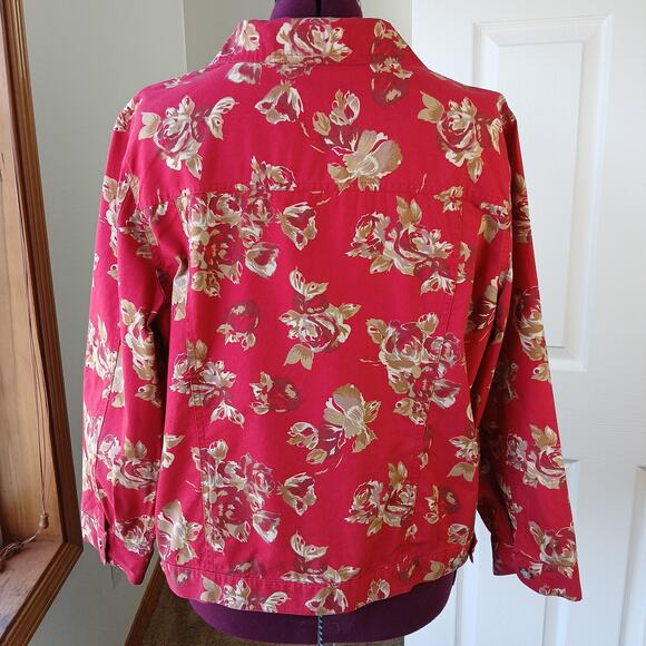 Sag Harbor Sport Light Jacket Red Gold Roses XL cotton floral chambray retro - Picture 3 of 12